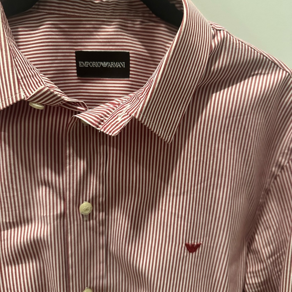 Emporio Armani Men's Burgundy Striped Button Down Shirt